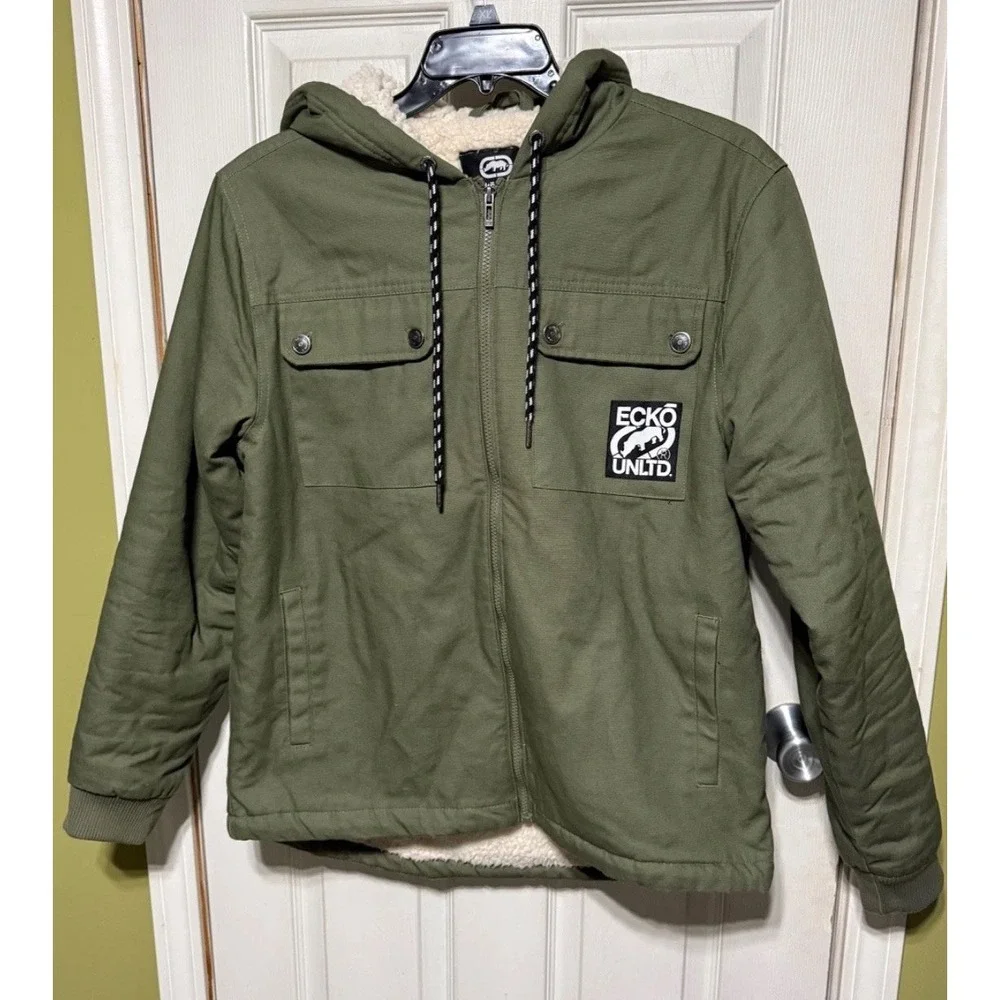 Ecko Unltd Sherpa Lined Hoodie Jacket Mens L Olive Streetwear Workwear